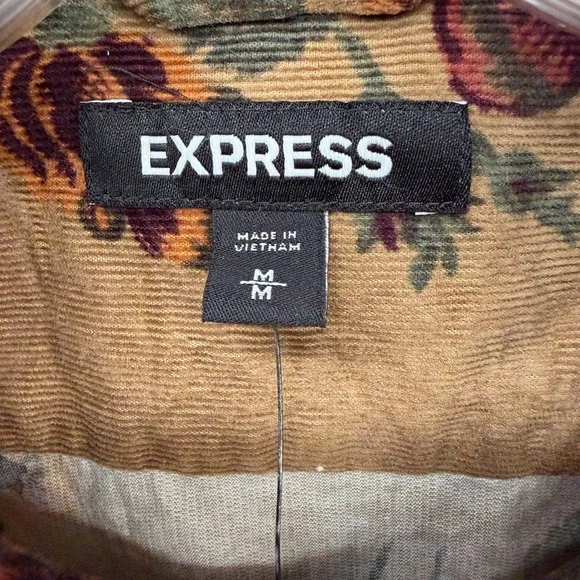 Express Button Down Shirt Womens Corduroy Floral Rose Tan Burgundy Green Medium - Picture 4 of 12